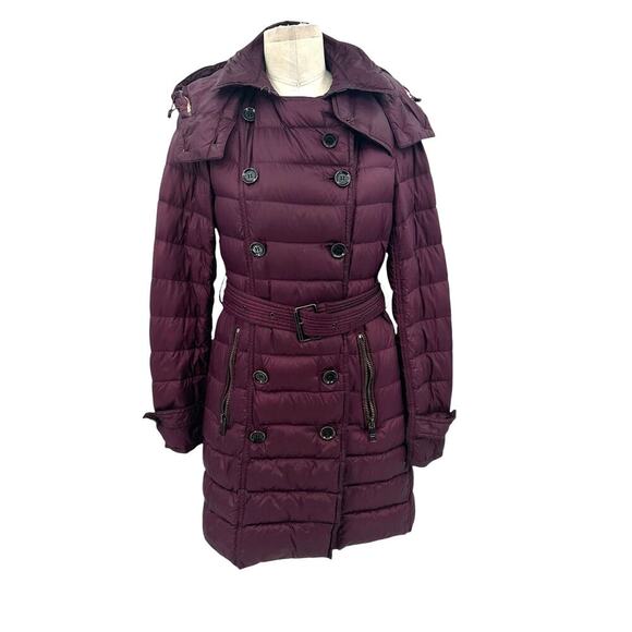 Burberry Brit Belted Down Coat Burgundy Purple Maroon Size Small